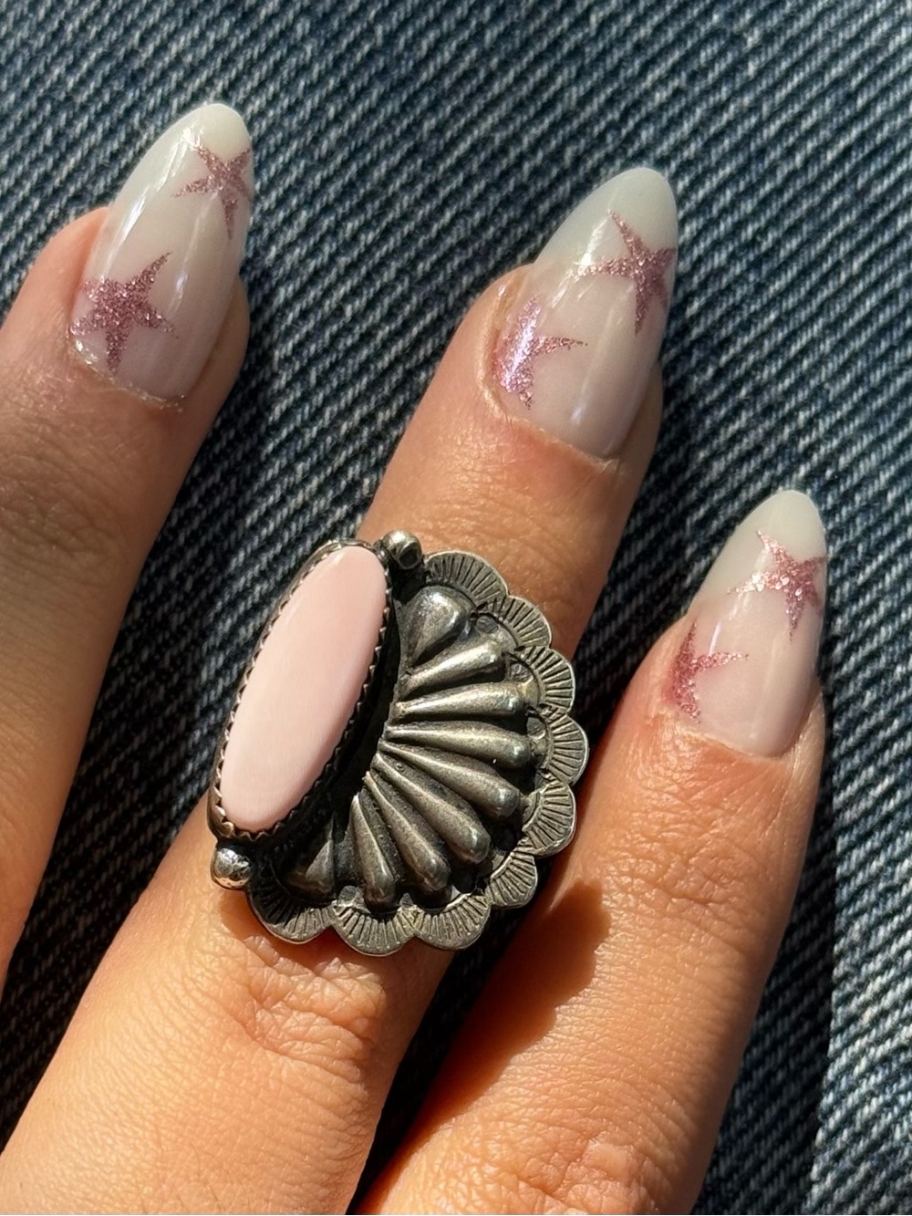 Silver Concho Ring with Pale Pink Stone - Women Jewelry